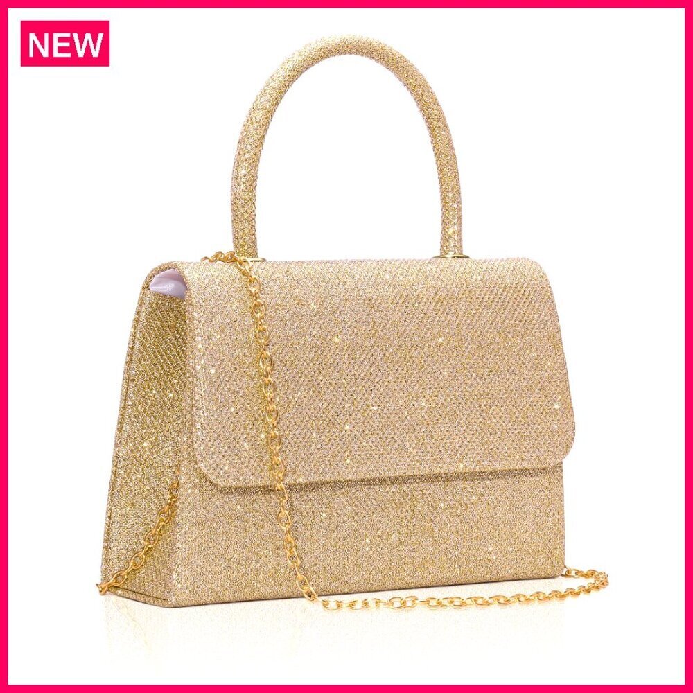 Gold Glitter Evening Clutch with Detachable Chain Strap for Parties
